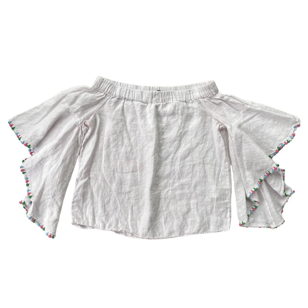 Zara Woman M White 100% Linen Off the Shoulder Pink Blue Pom Pom Bell Sleeve Top